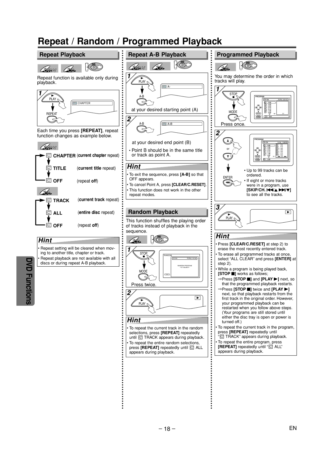 FUNAI CSV205DT owner manual Repeat / Random / Programmed Playback, Repeat Playback, Repeat A-B Playback, Random Playback 