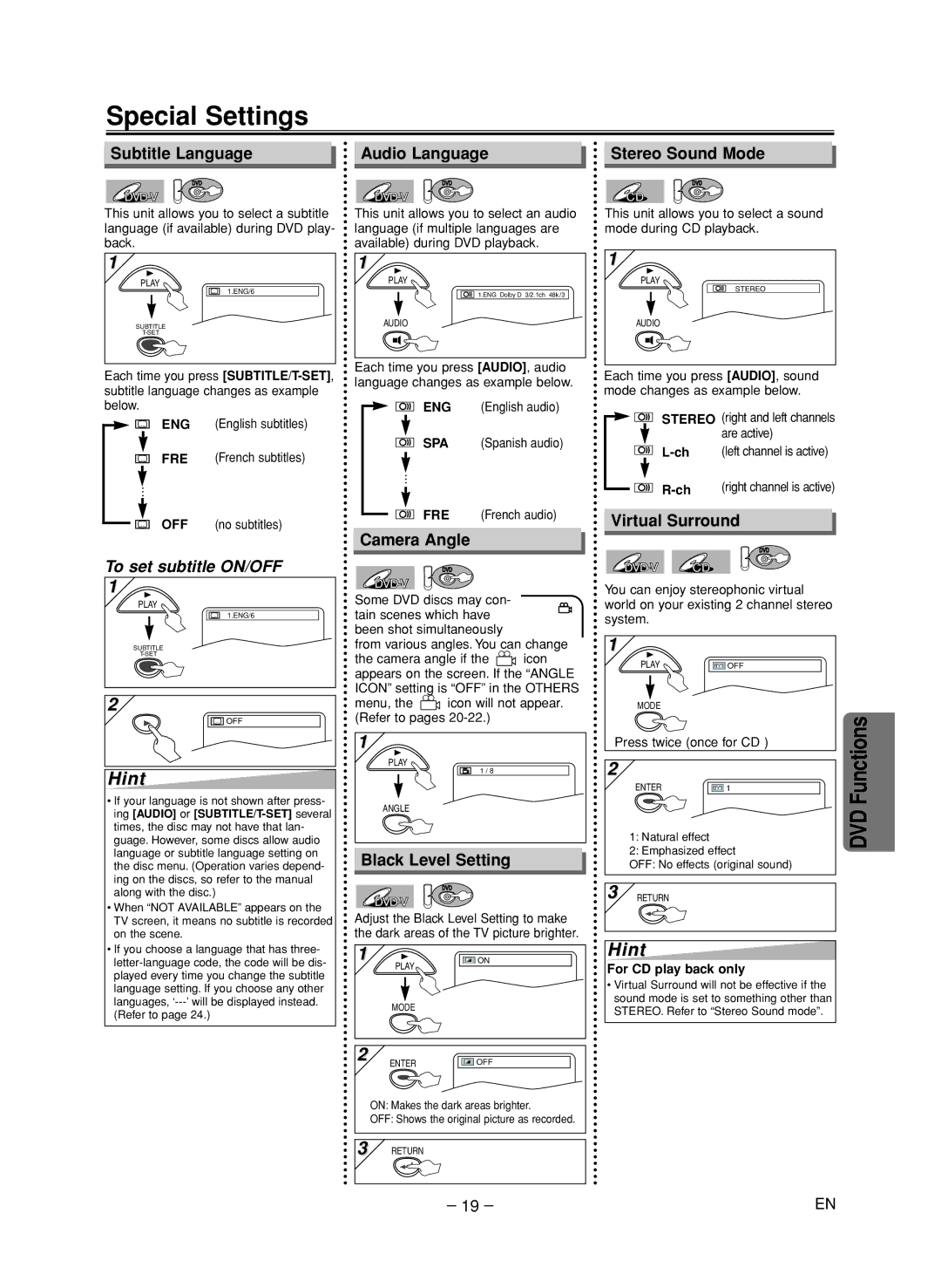 FUNAI CSV205DT owner manual Special Settings 