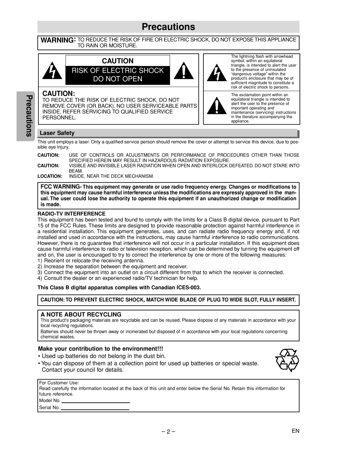 FUNAI CSV205DT owner manual Precautions, Laser Safety, Make your contribution to the environment 