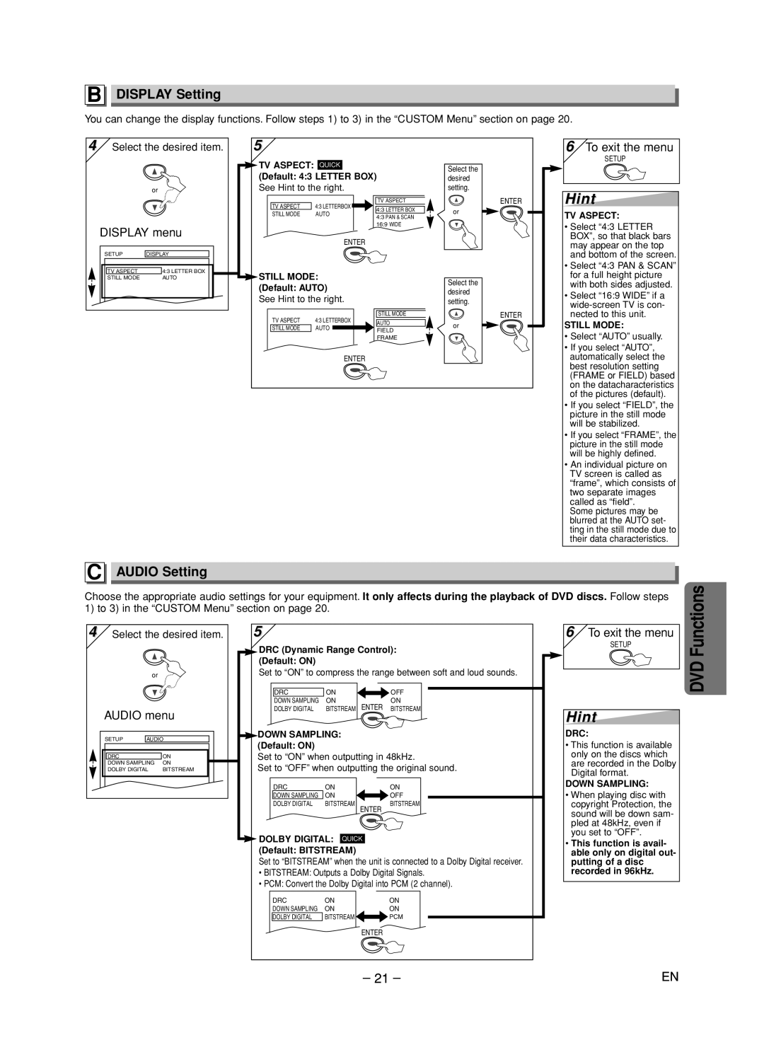 FUNAI CSV205DT owner manual Display Setting, Audio Setting, Display menu, Audio menu 