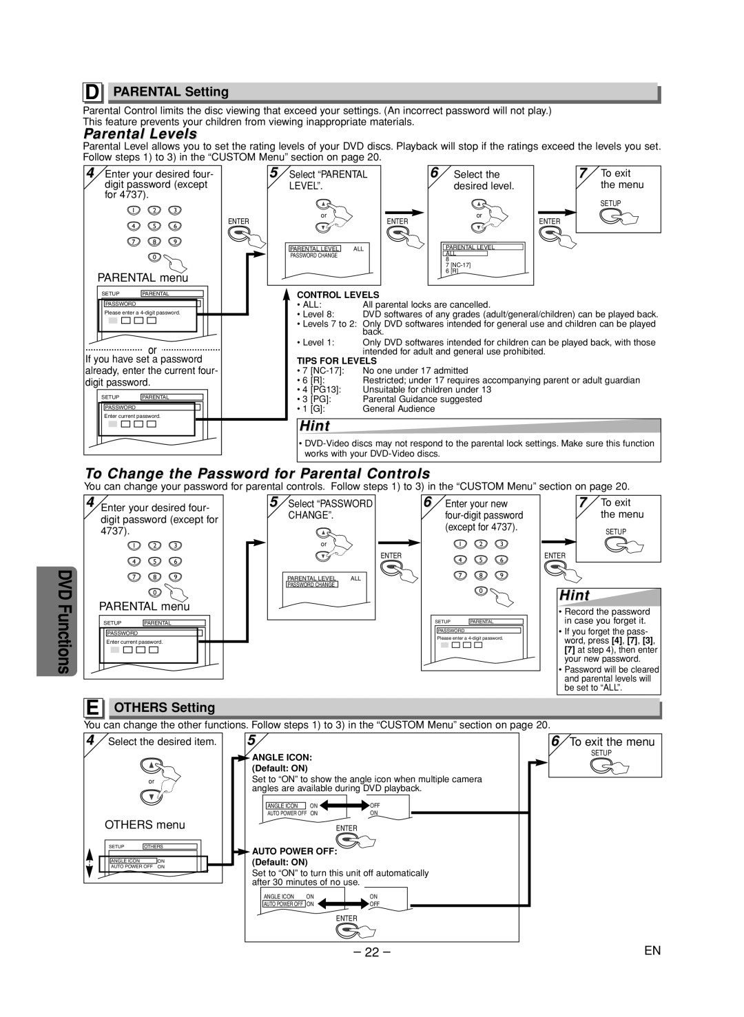 FUNAI CSV205DT owner manual Parental Levels, To Change the Password for Parental Controls, Parental Setting, Others Setting 