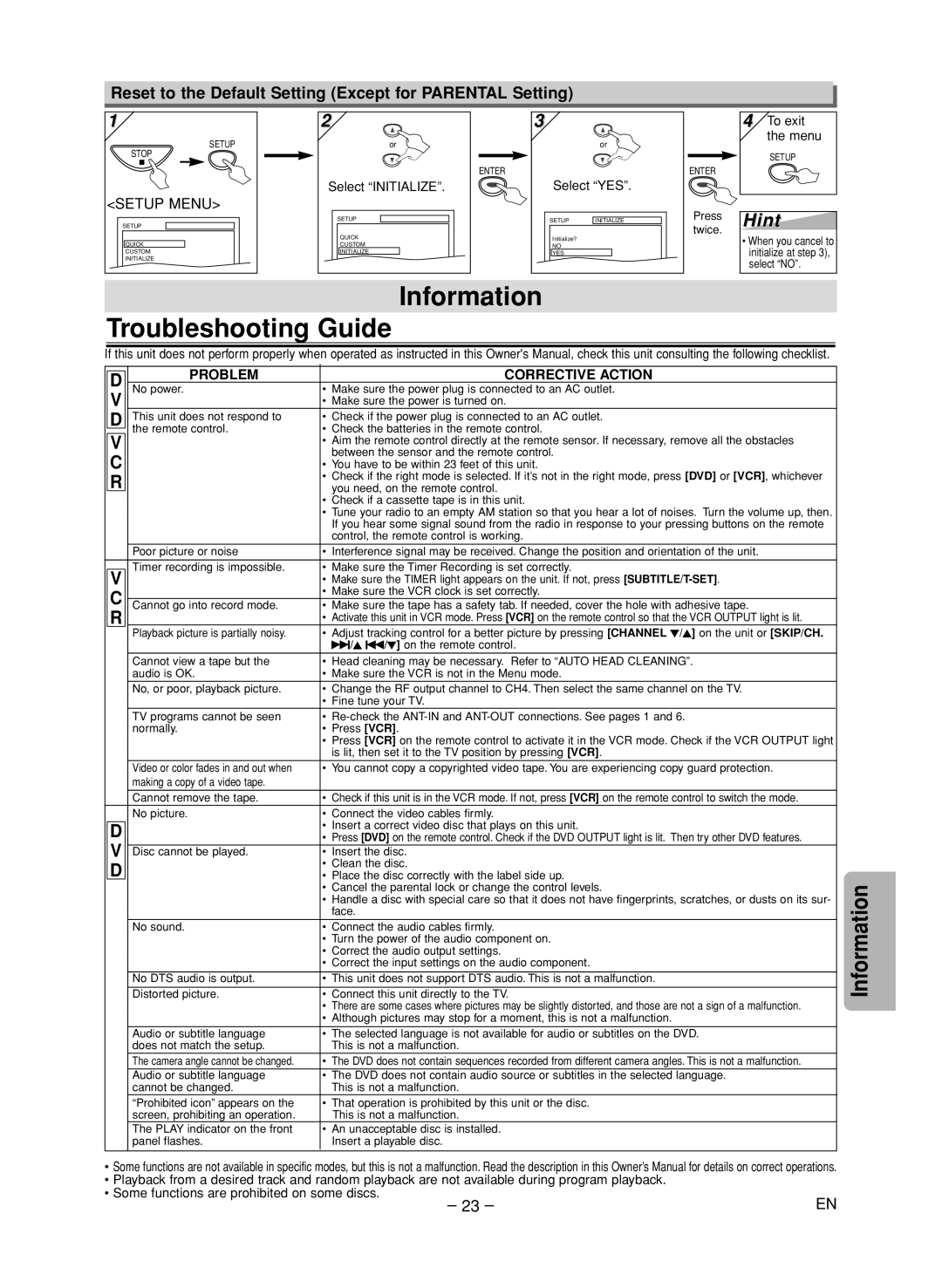 FUNAI CSV205DT Information Troubleshooting Guide, Reset to the Default Setting Except for Parental Setting, Select YES 