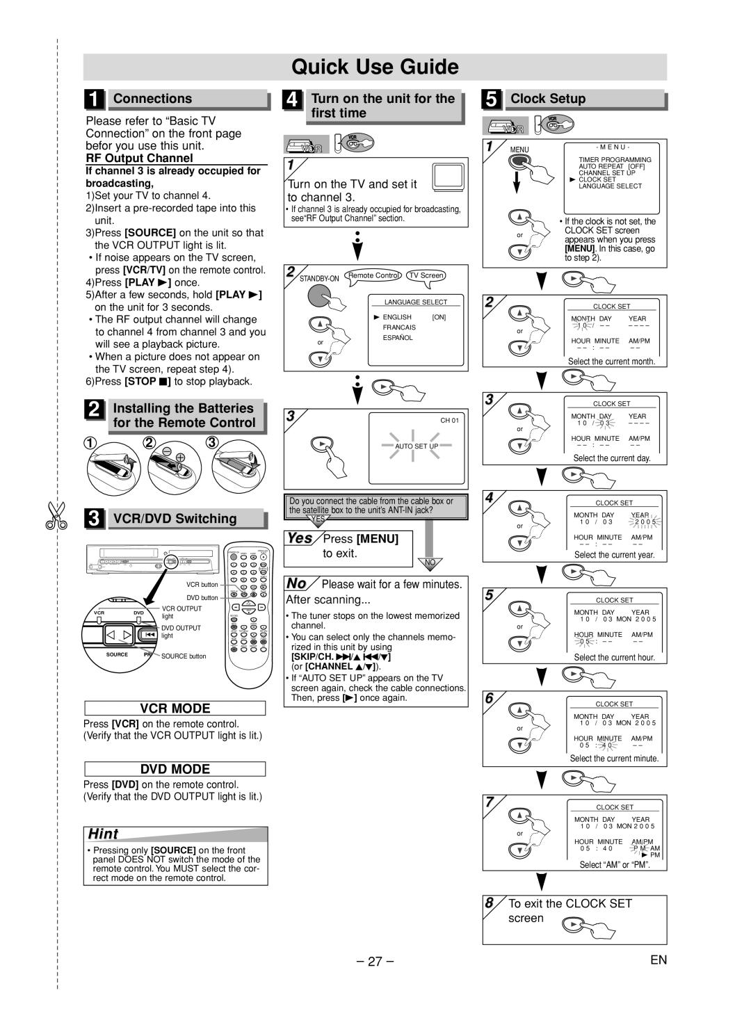 FUNAI CSV205DT Quick Use Guide, Connections, Installing the Batteries, For the Remote Control, RF Output Channel 