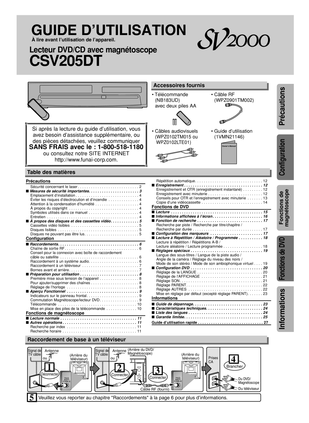 FUNAI CSV205DT owner manual Accessoires fournis, Table des matières, Lire avant l’utilisation de l’appareil 