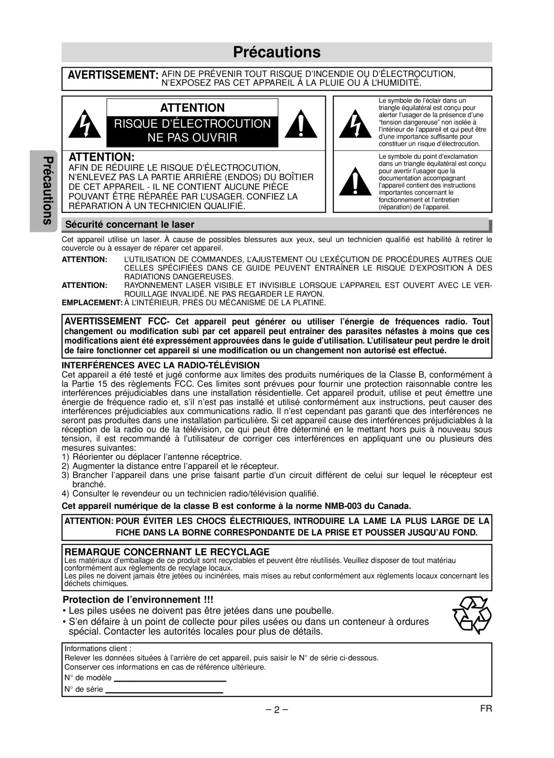 FUNAI CSV205DT owner manual Précautions, Sécurité concernant le laser, Protection de l’environnement 