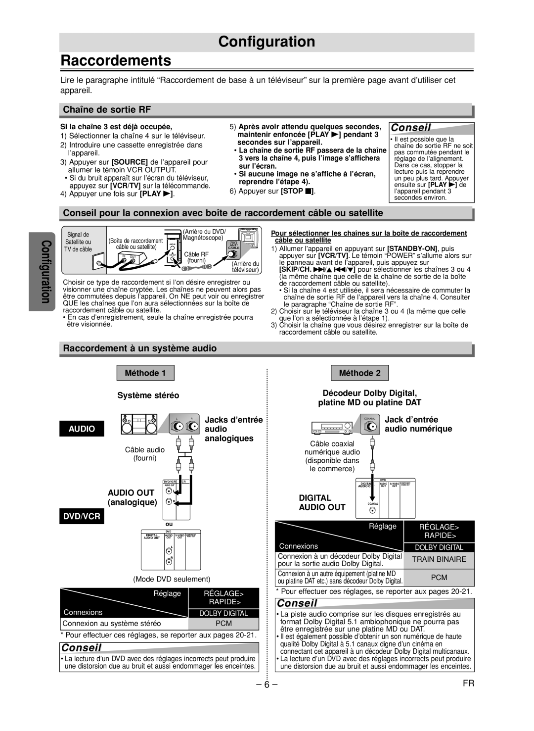 FUNAI CSV205DT owner manual Configuration Raccordements, Chaîne de sortie RF, Raccordement à un système audio 