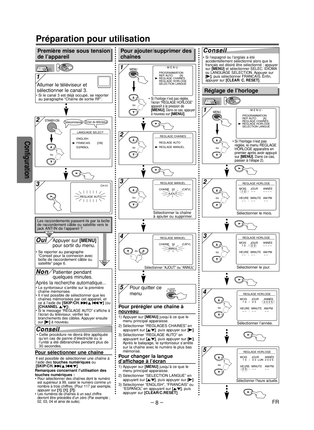 FUNAI CSV205DT Préparation pour utilisation, Première mise sous tension de l’appareil, Configuration, Réglage de l’horloge 