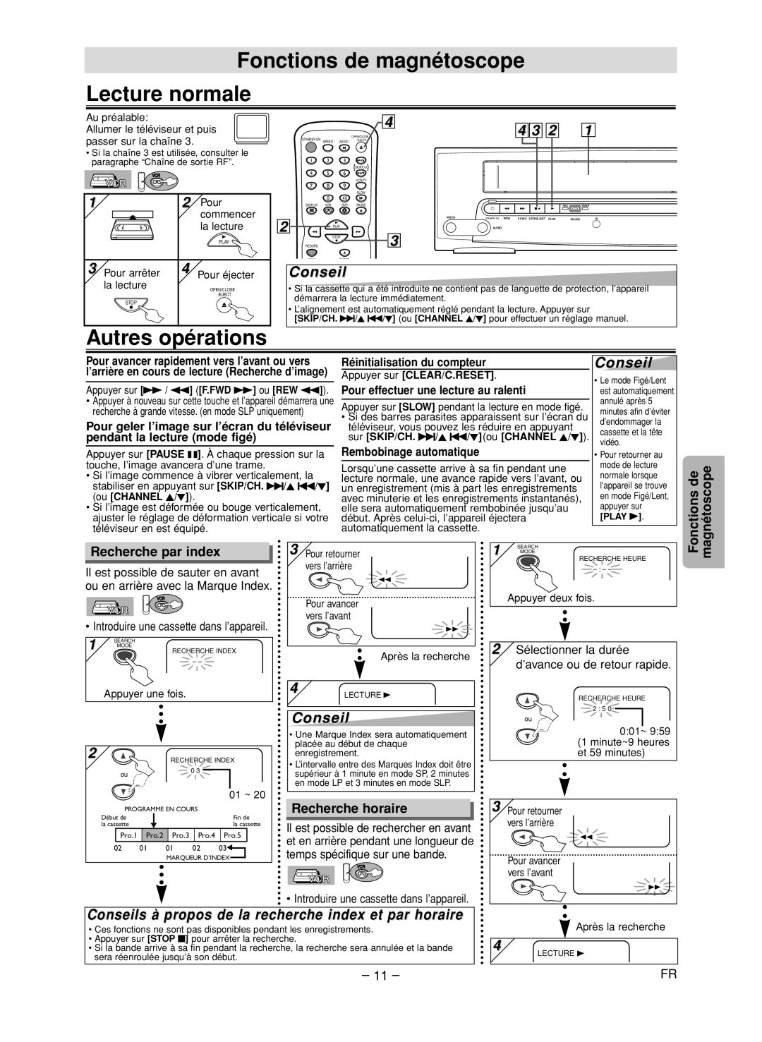 FUNAI CSV205DT Fonctions de magnétoscope Lecture normale, Autres opérations, Recherche par index, Recherche horaire 