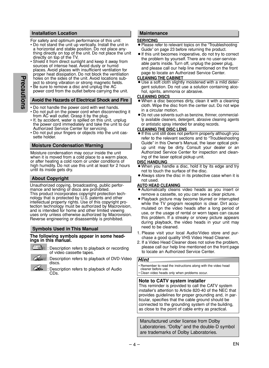 FUNAI CSV205DT owner manual Hint 