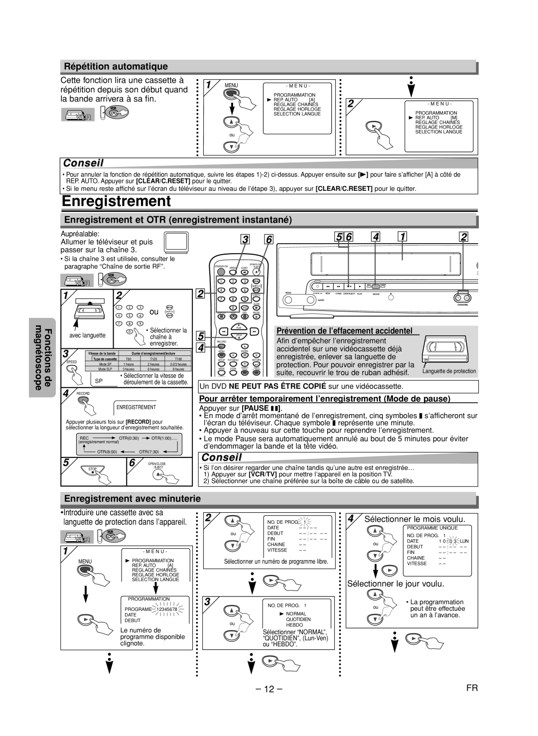 FUNAI CSV205DT Répétition automatique, Enregistrement et OTR enregistrement instantané, Enregistrement avec minuterie 