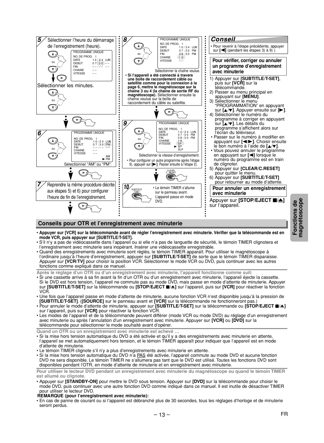 FUNAI CSV205DT owner manual De l’enregistrement heure, Sélectionner les minutes, Appuyer sur STOP/EJECT C/A sur l’appareil 