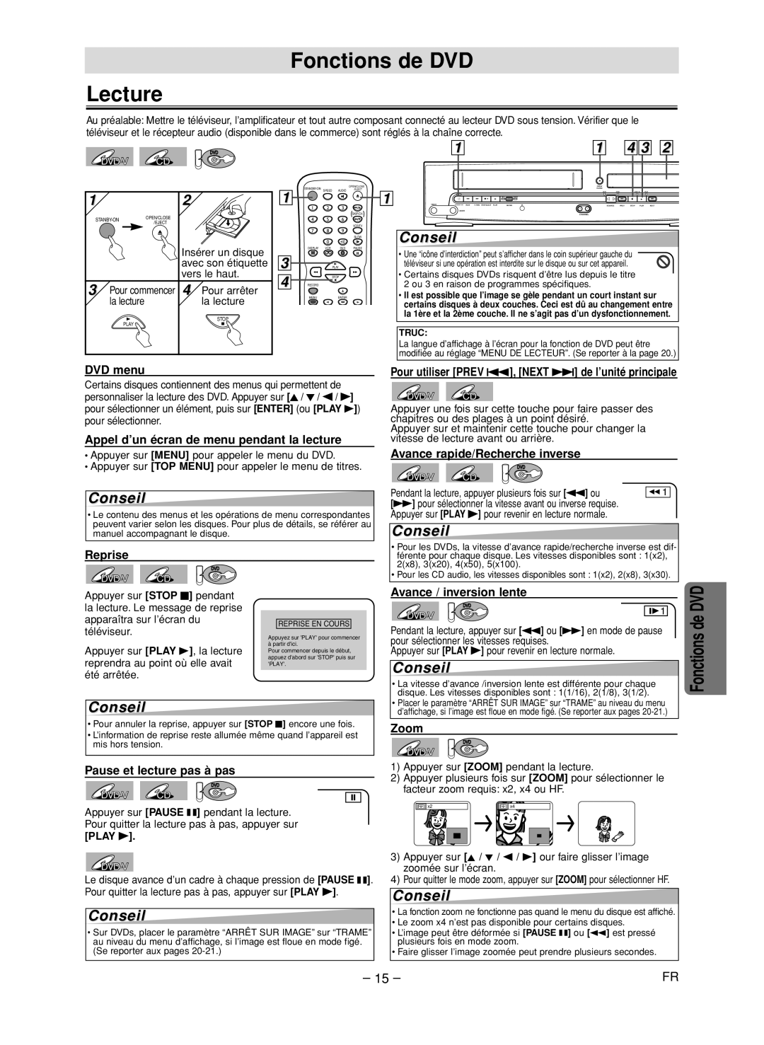 FUNAI CSV205DT owner manual Fonctions de DVD Lecture 