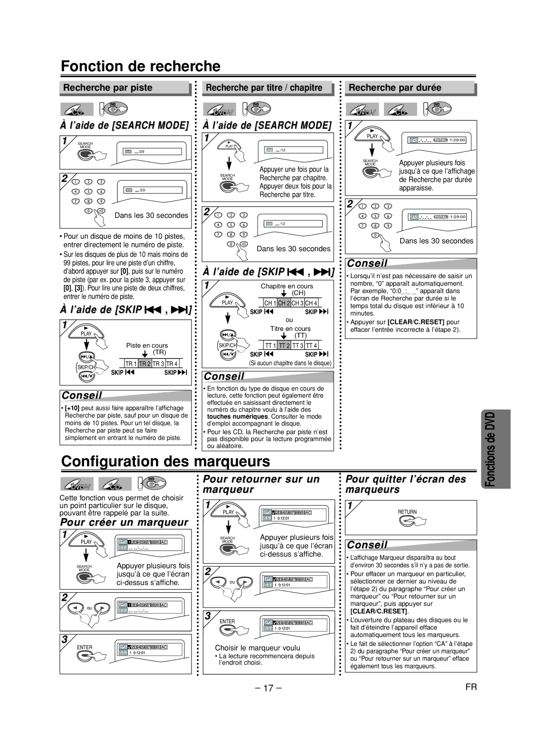 FUNAI CSV205DT owner manual Fonction de recherche, Configuration des marqueurs 