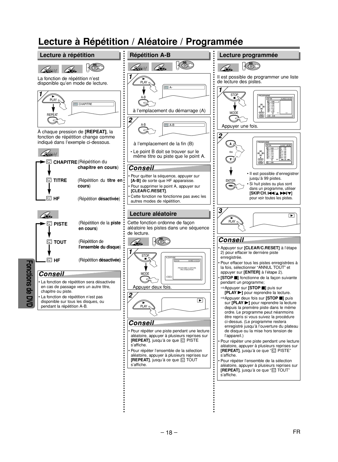 FUNAI CSV205DT Lecture à Répétition / Aléatoire / Programmée, Lecture à répétition, Répétition A-B, Lecture programmée 