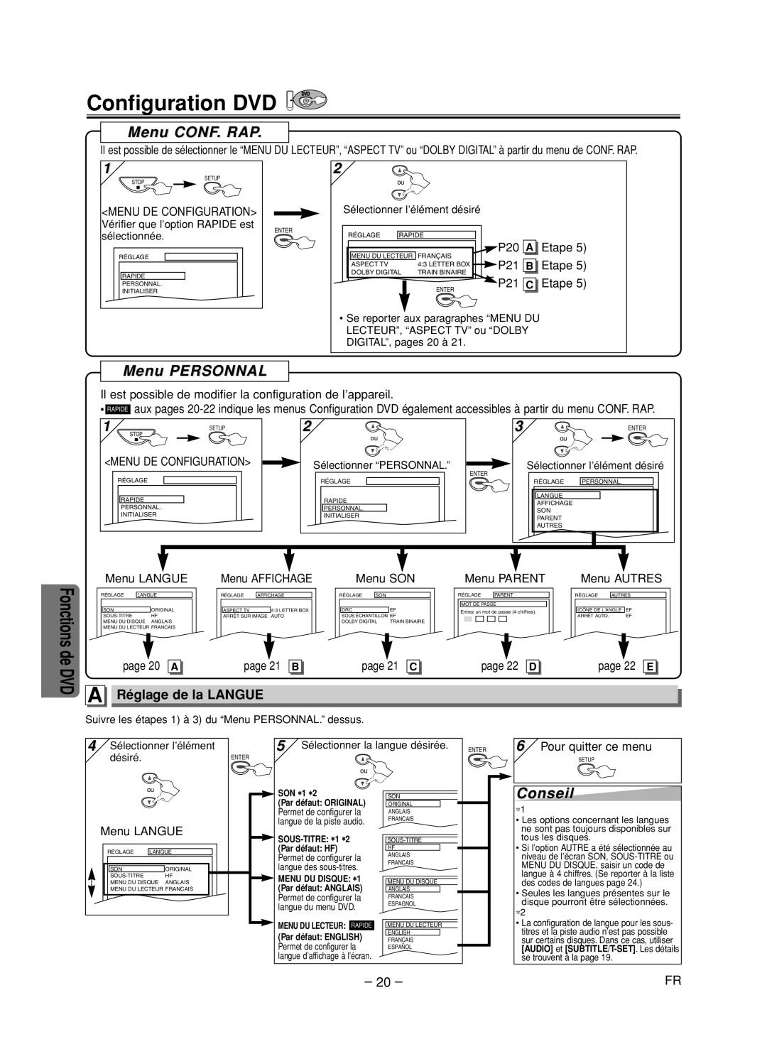 FUNAI CSV205DT owner manual Configuration DVD, Menu CONF. RAP, Menu Personnal, Réglage de la Langue 