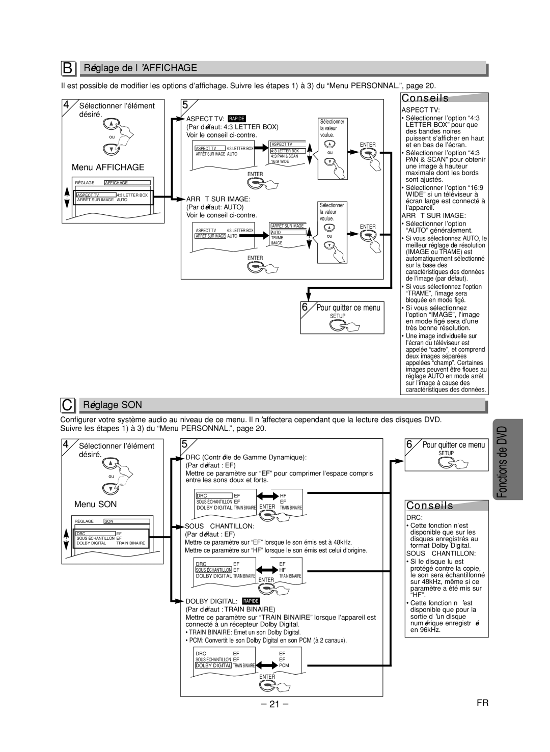 FUNAI CSV205DT owner manual Conseils, Réglage de l’AFFICHAGE, Réglage SON, Fonctions de 