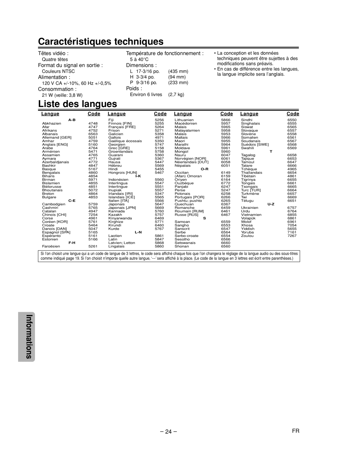 FUNAI CSV205DT owner manual Caractéristiques techniques, Liste des langues 