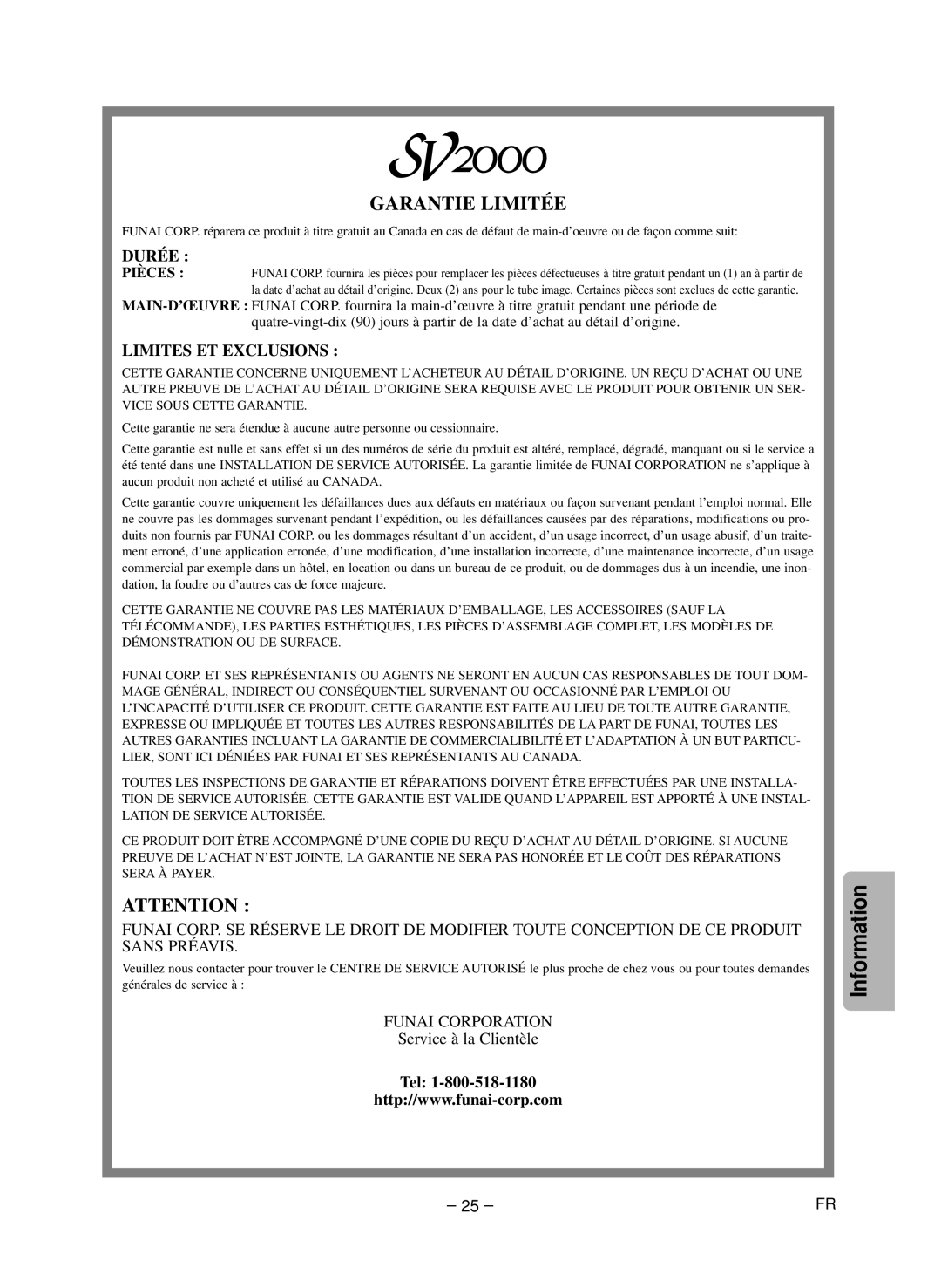 FUNAI CSV205DT owner manual Garantie Limitée 