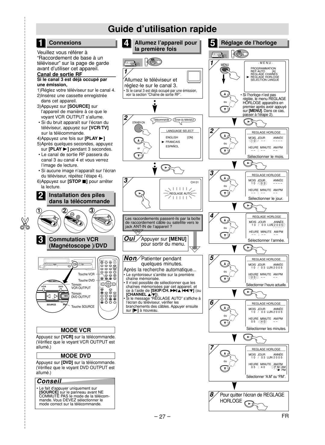 FUNAI CSV205DT Guide d’utilisation rapide, Connexions, Allumez l’appareil pour la première fois, Canal de sortie RF 