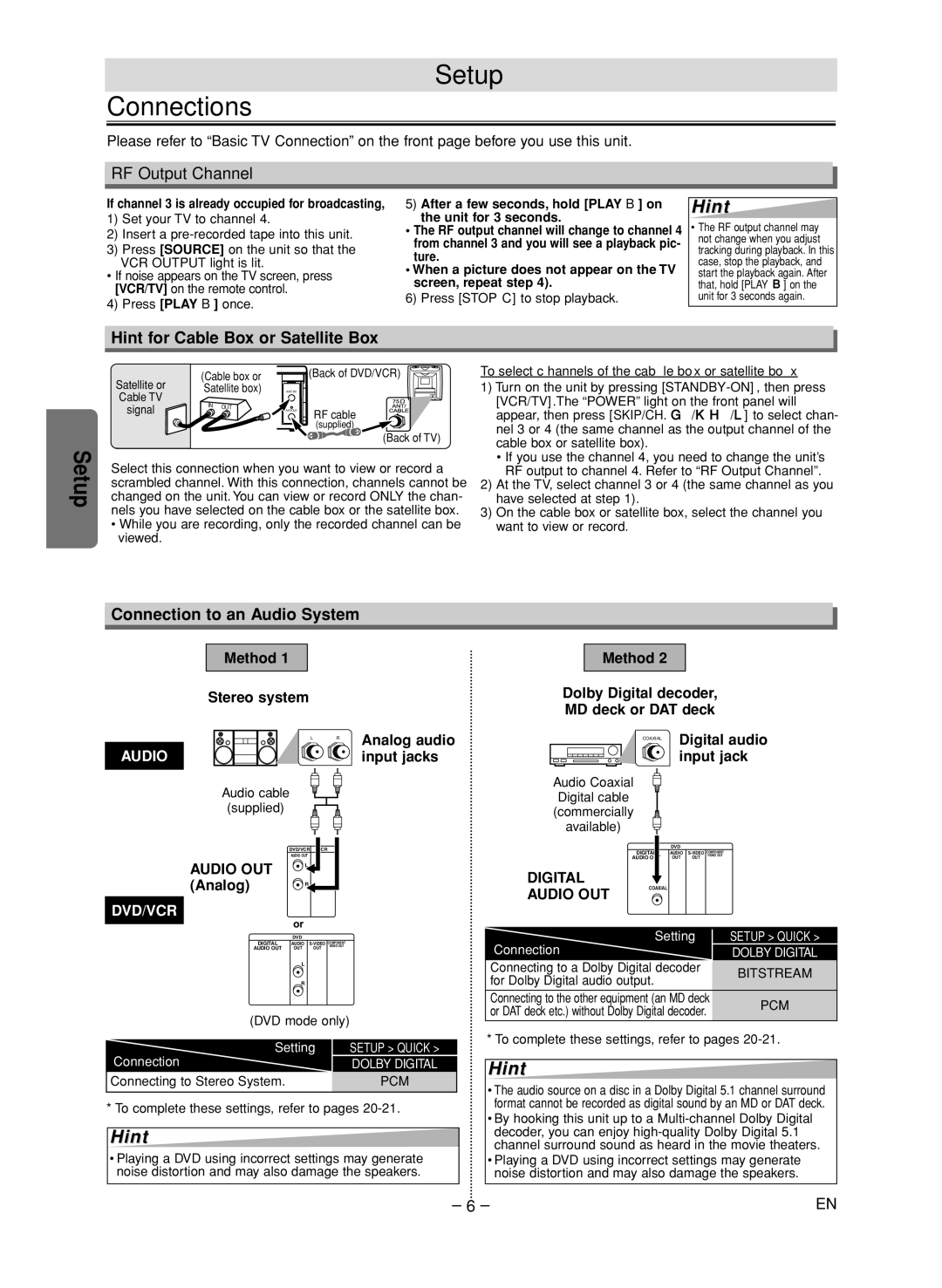 FUNAI CSV205DT Setup Connections, RF Output Channel, Hint for Cable Box or Satellite Box, Connection to an Audio System 