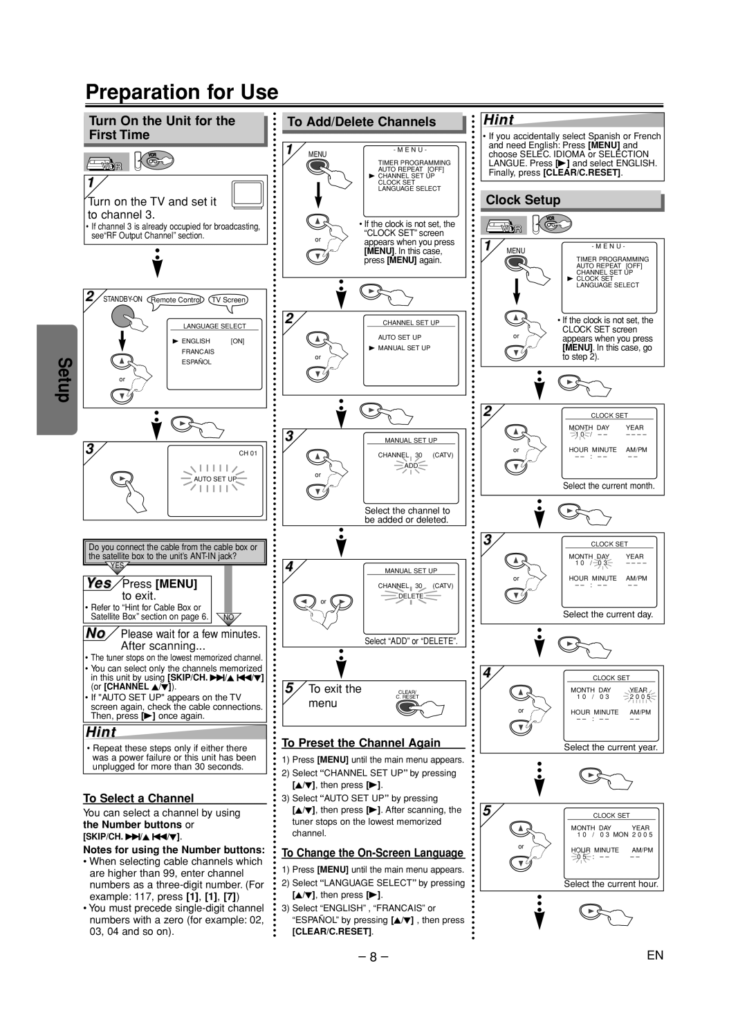 FUNAI CSV205DT owner manual Preparation for Use, Turn On the Unit for the First Time, To Add/Delete Channels, Clock Setup 