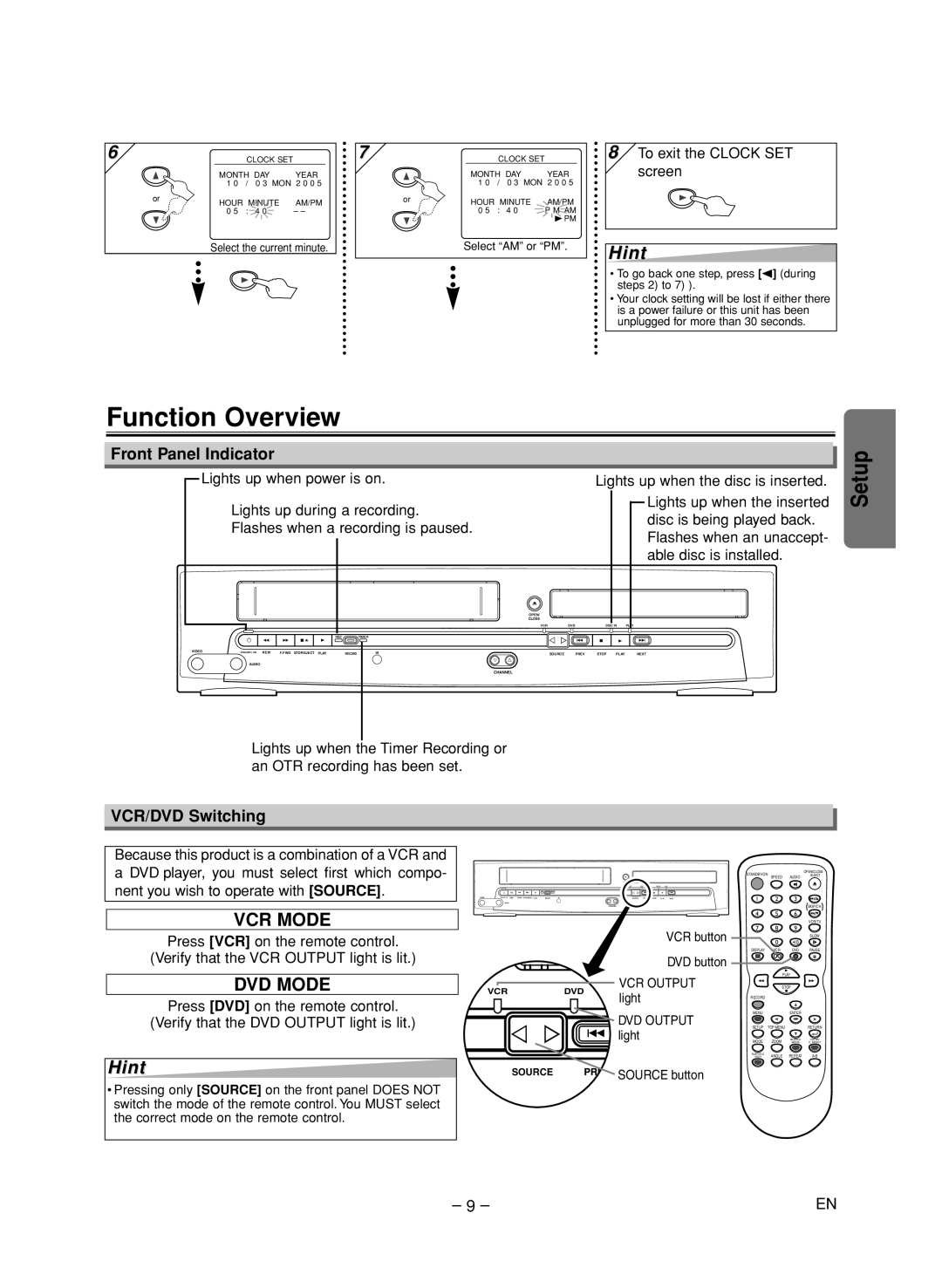 FUNAI CSV205DT owner manual Function Overview, Front Panel Indicator, VCR/DVD Switching, To exit the Clock SET screen 