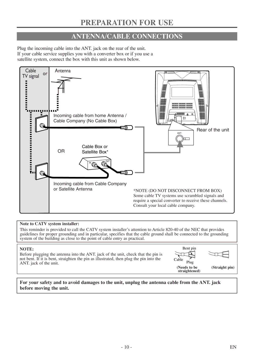 FUNAI CSV20PFD owner manual Preparation for USE, ANTENNA/CABLE Connections 