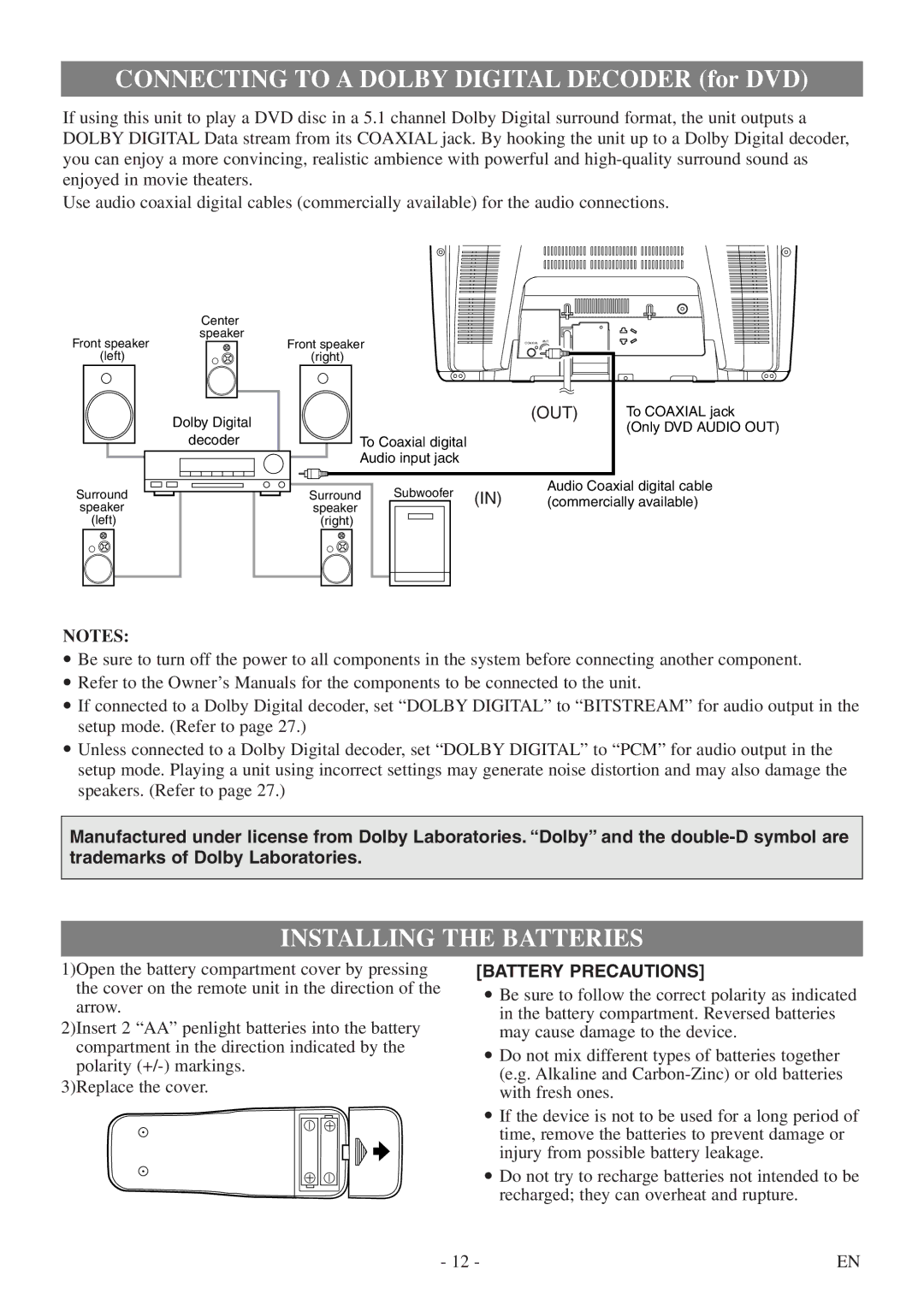 FUNAI CSV20PFD owner manual Connecting to a Dolby Digital Decoder for DVD, Installing the Batteries 