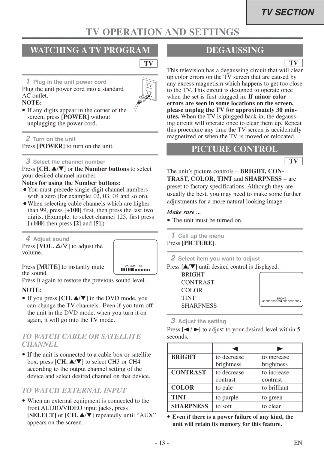 FUNAI CSV20PFD owner manual TV Operation and Settings, Watching a TV Program, Degaussing, Picture Control 