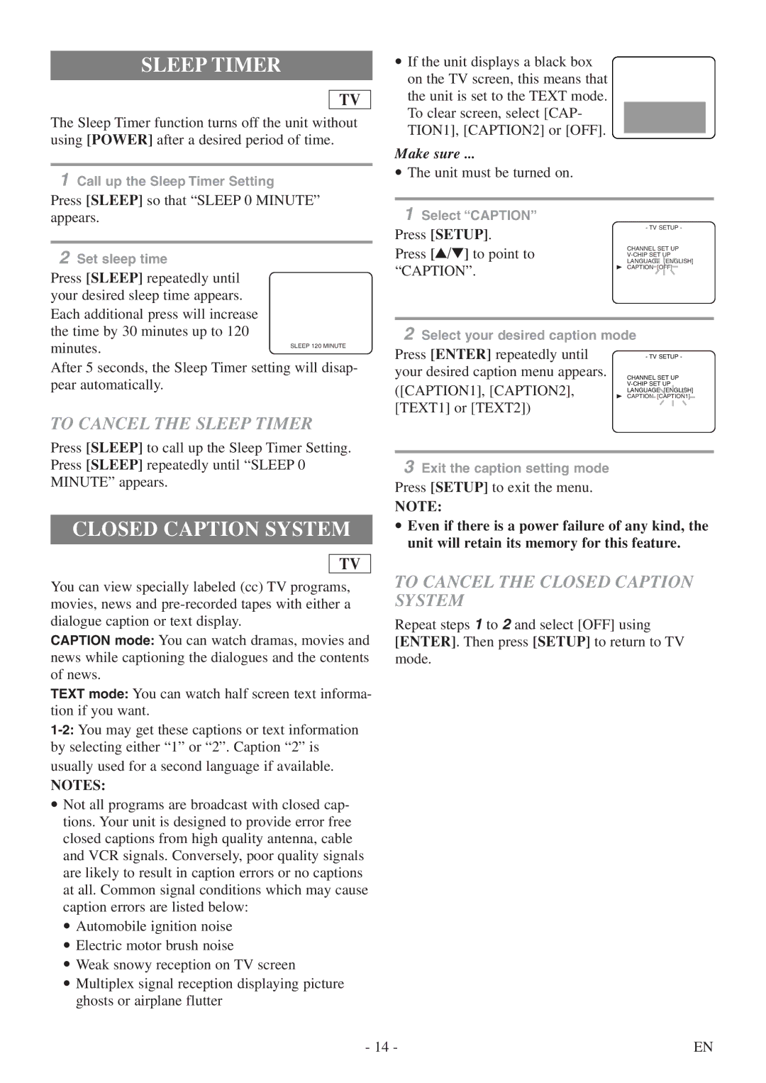 FUNAI CSV20PFD owner manual To Cancel the Sleep Timer, To Cancel the Closed Caption System 