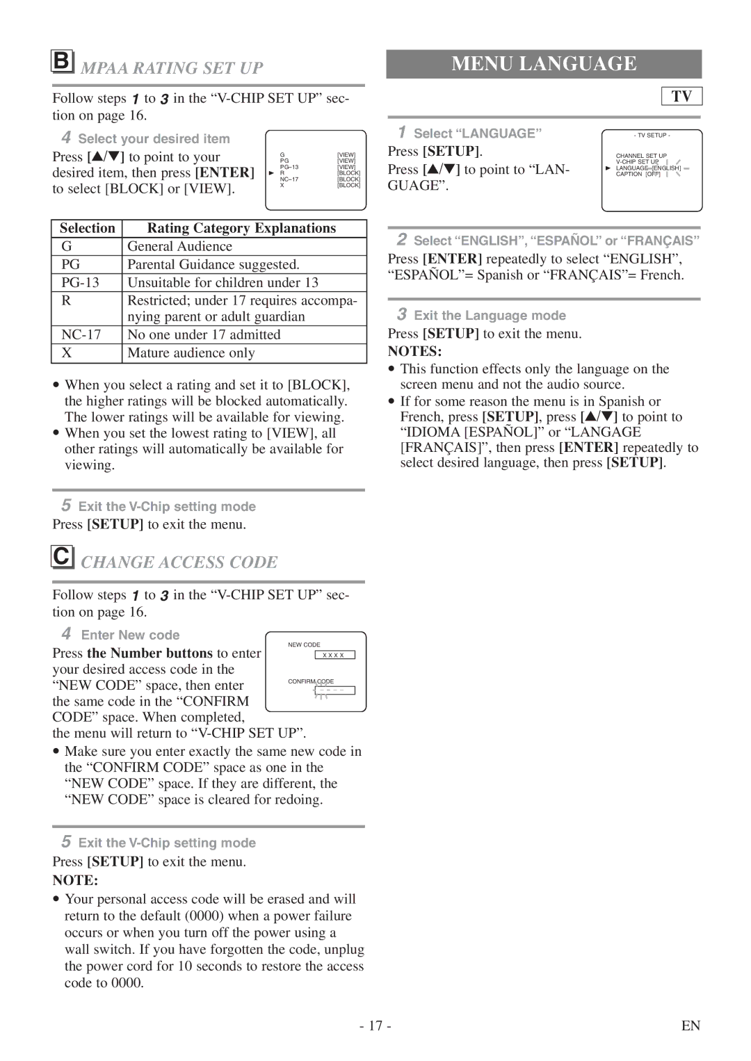 FUNAI CSV20PFD owner manual Menu Language, Mpaa Rating SET UP, Change Access Code, Press the Number buttons to enter, Guage 