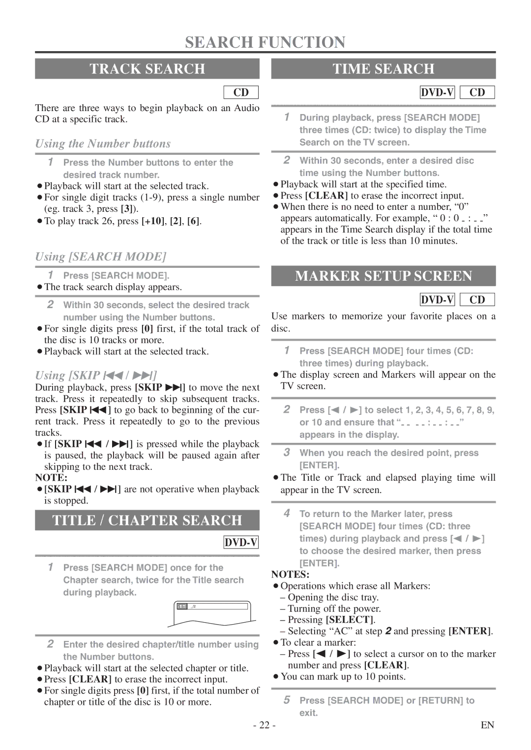 FUNAI CSV20PFD owner manual Search Function, Track Search Time Search, Title / Chapter Search, Marker Setup Screen 