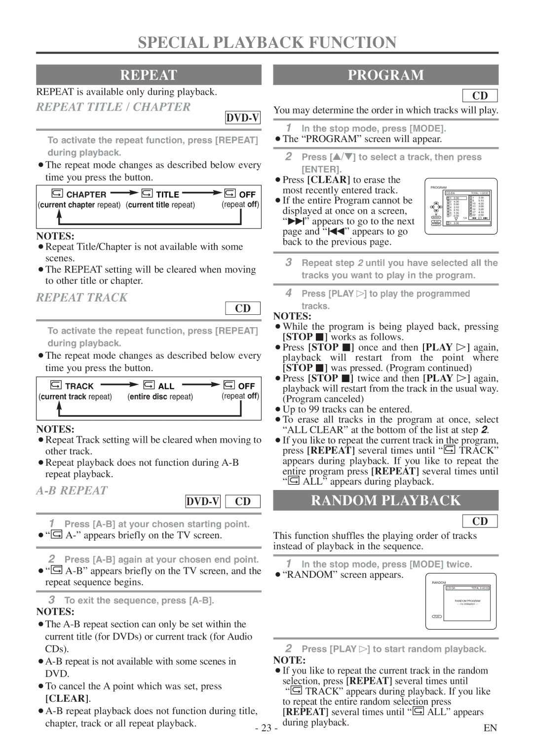 FUNAI CSV20PFD owner manual Special Playback Function, Repeatprogram, Random Playback 