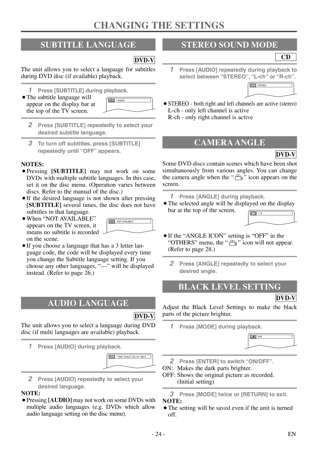 FUNAI CSV20PFD owner manual Changing the Settings, Subtitle Language Stereo Sound Mode, Camera Angle, Audio Language 