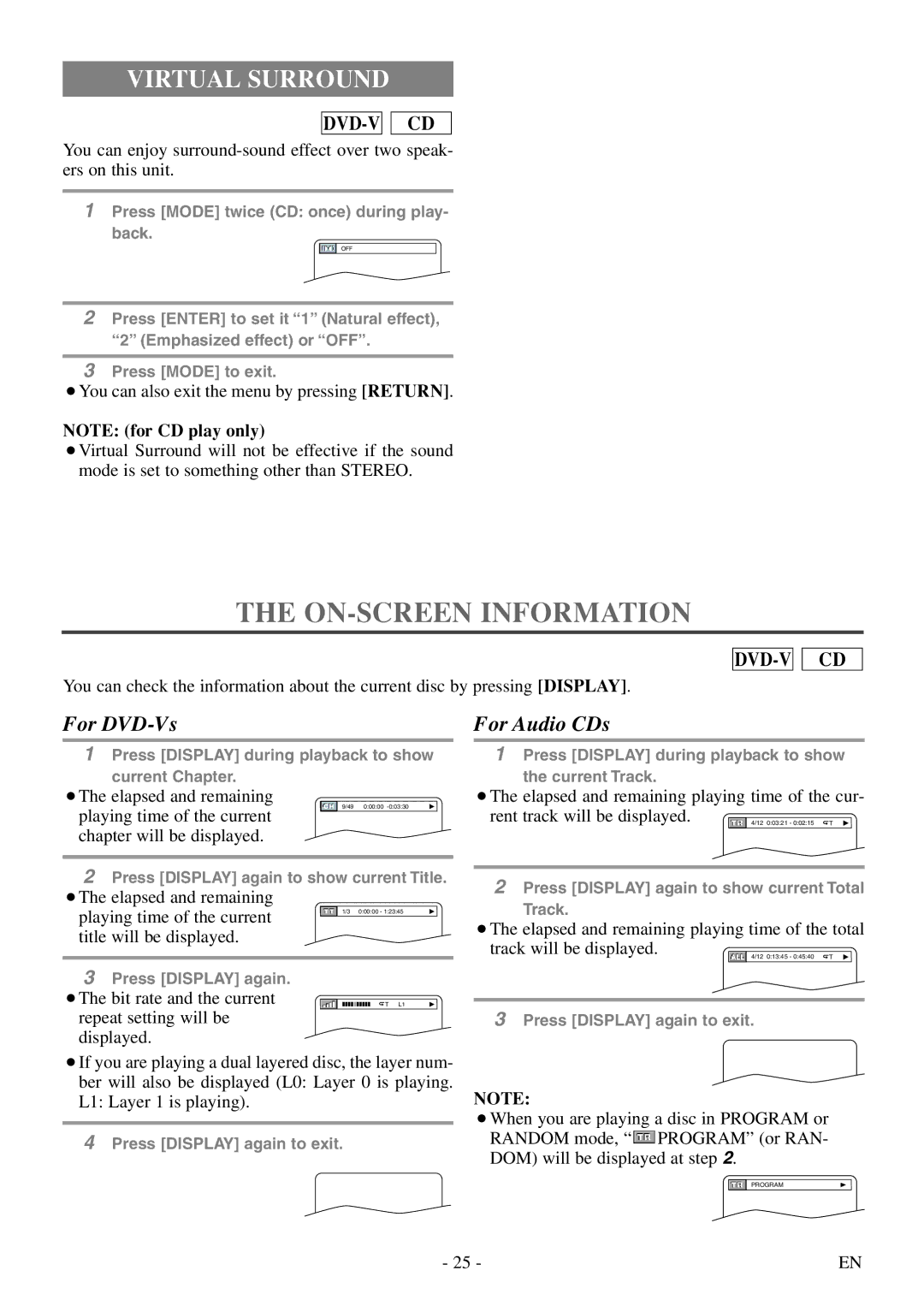 FUNAI CSV20PFD owner manual ON-SCREEN Information, Virtual Surround 