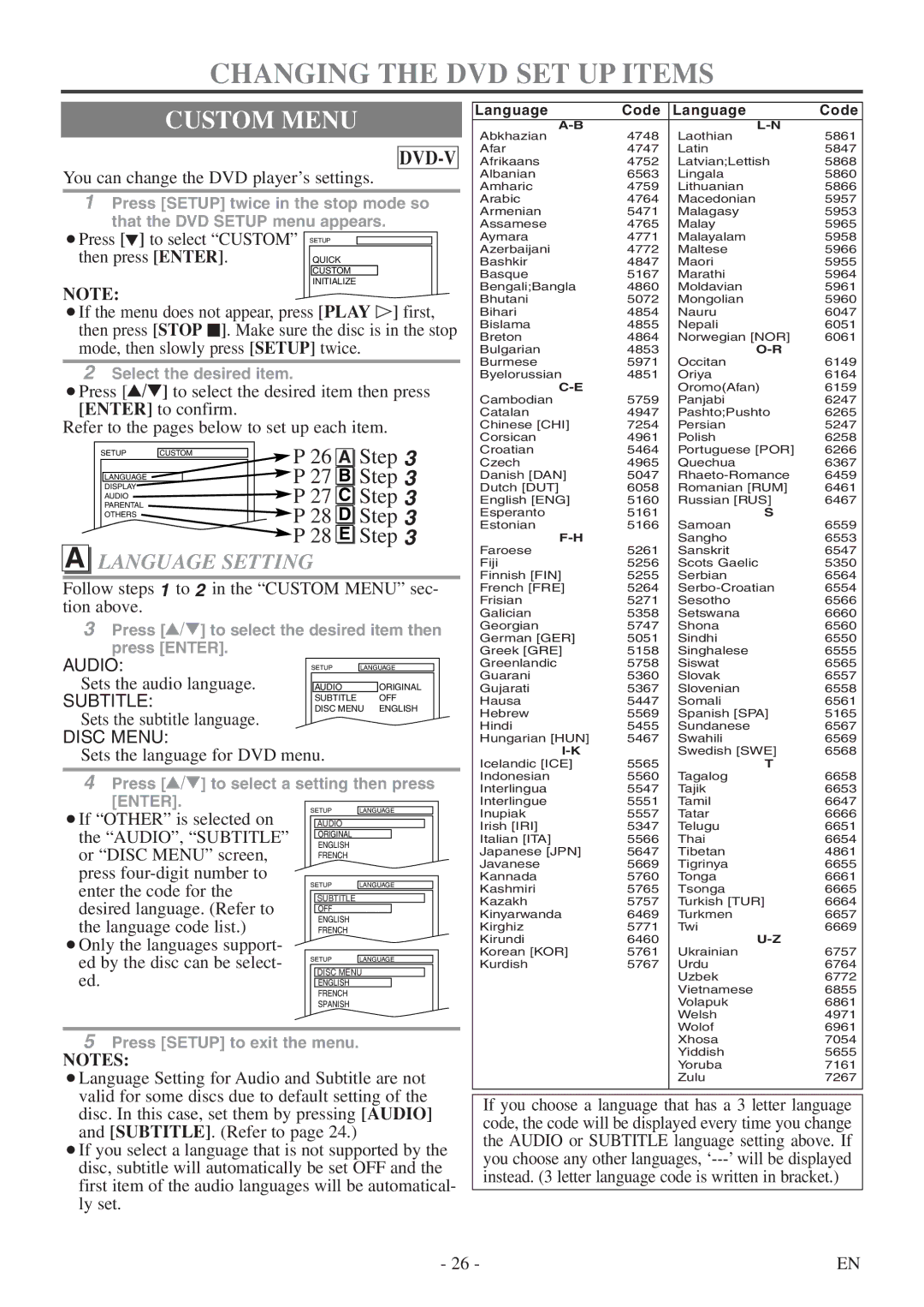 FUNAI CSV20PFD owner manual Changing the DVD SET UP Items, Custom Menu, Language Setting 