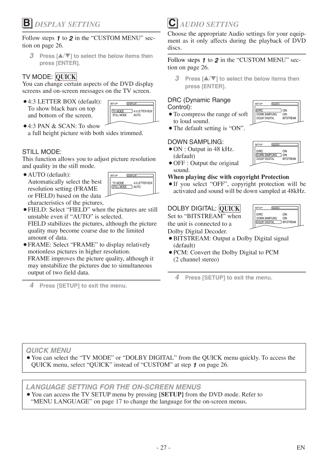 FUNAI CSV20PFD owner manual Display Setting, Audio Setting, When playing disc with copyright Protection, Quick 