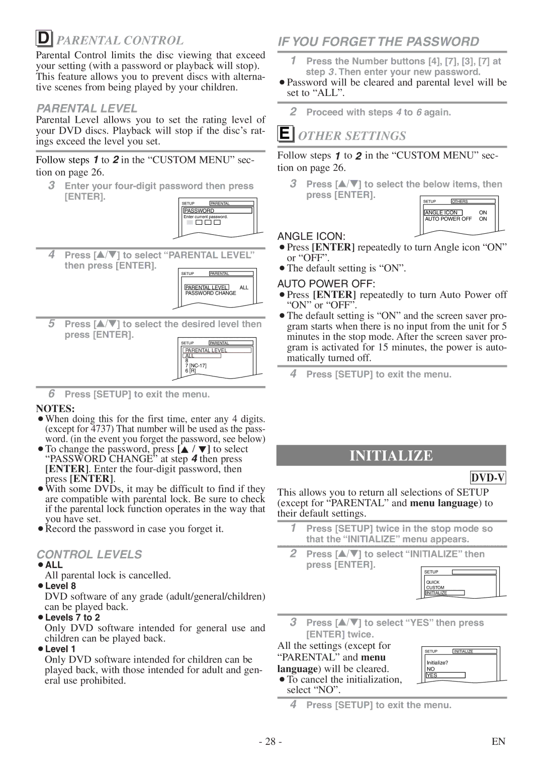 FUNAI CSV20PFD owner manual Initialize, Parental Control, Other Settings 