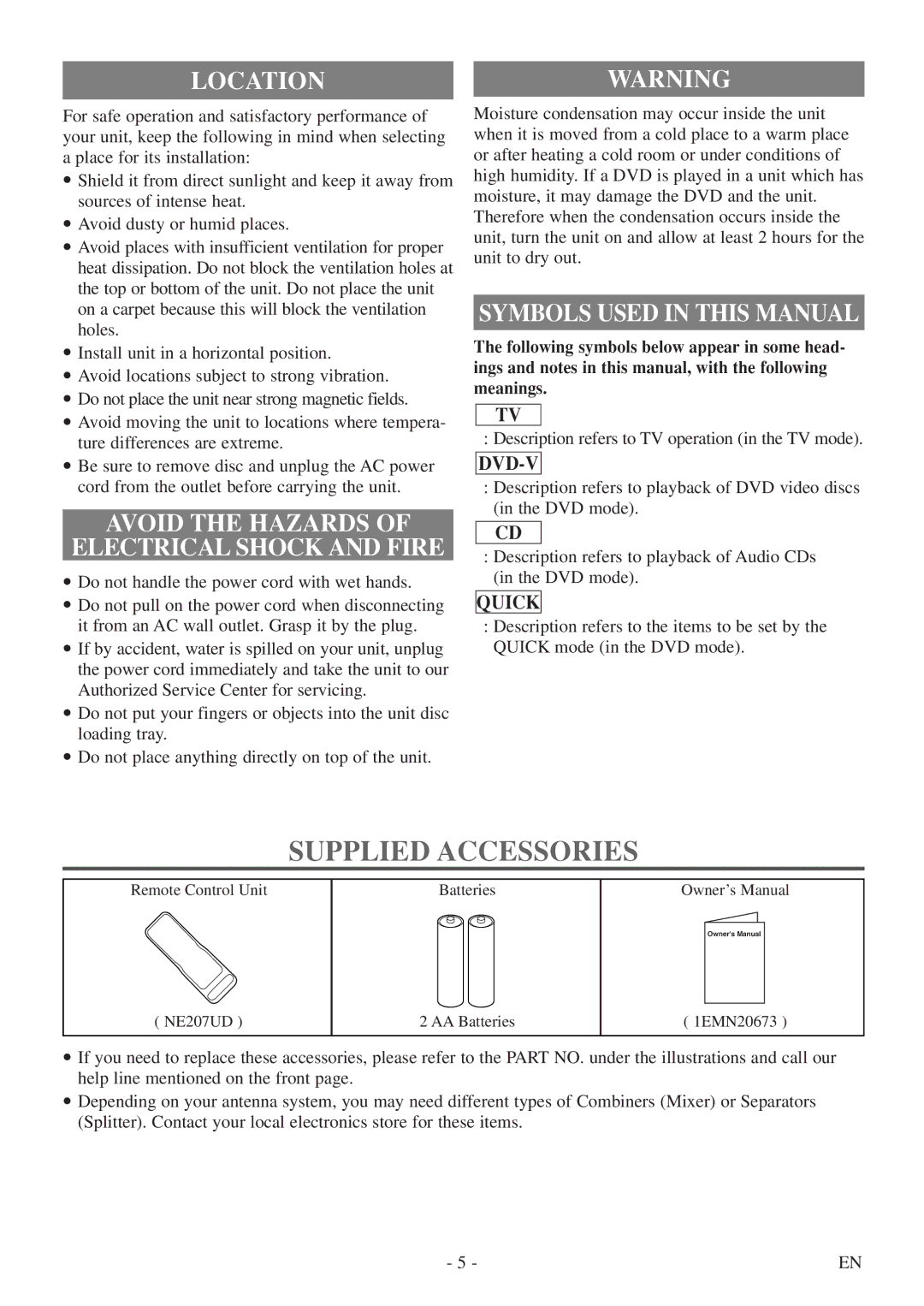 FUNAI CSV20PFD owner manual Supplied Accessories, Locationwarning, Avoid the Hazards Electrical Shock and Fire 