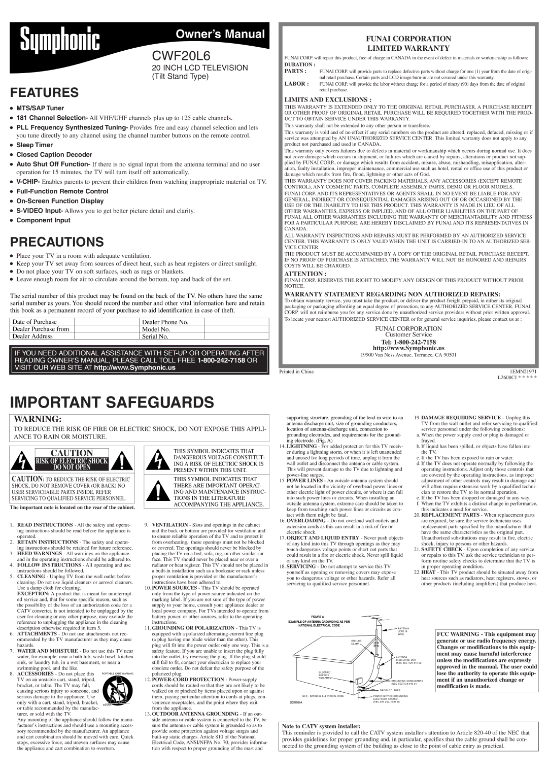 FUNAI CWF20L6 owner manual Important Safeguards, Features, Precautions, Funai Corporation Limited Warranty 