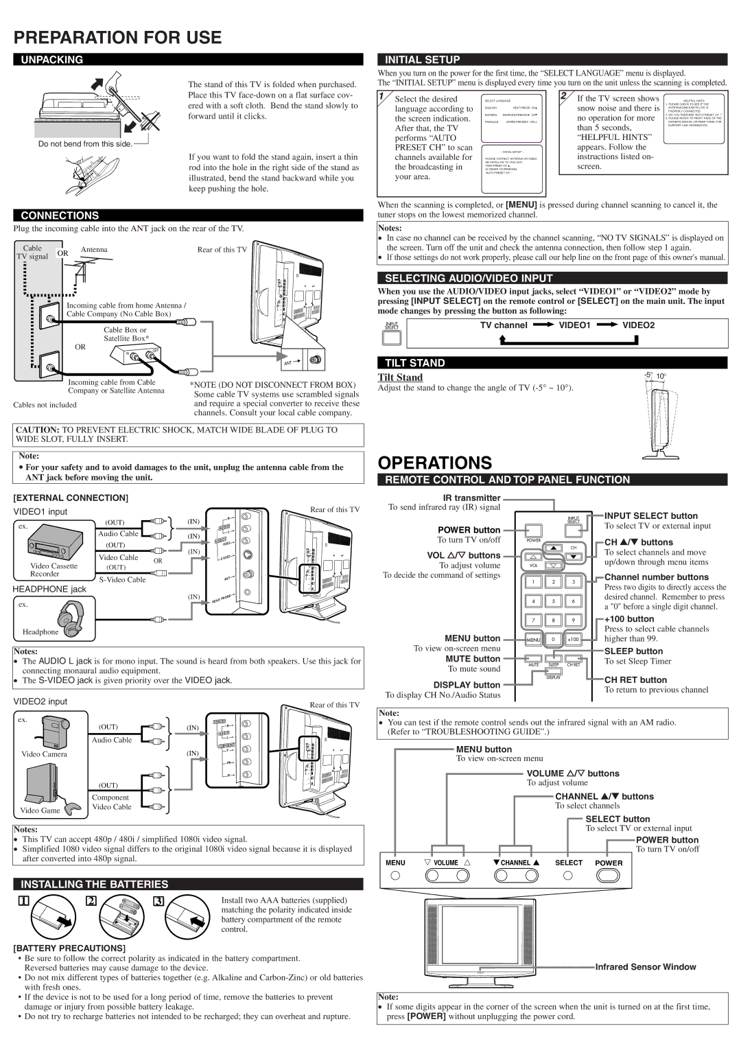 FUNAI CWF20L6 owner manual Preparation for USE, Operations 