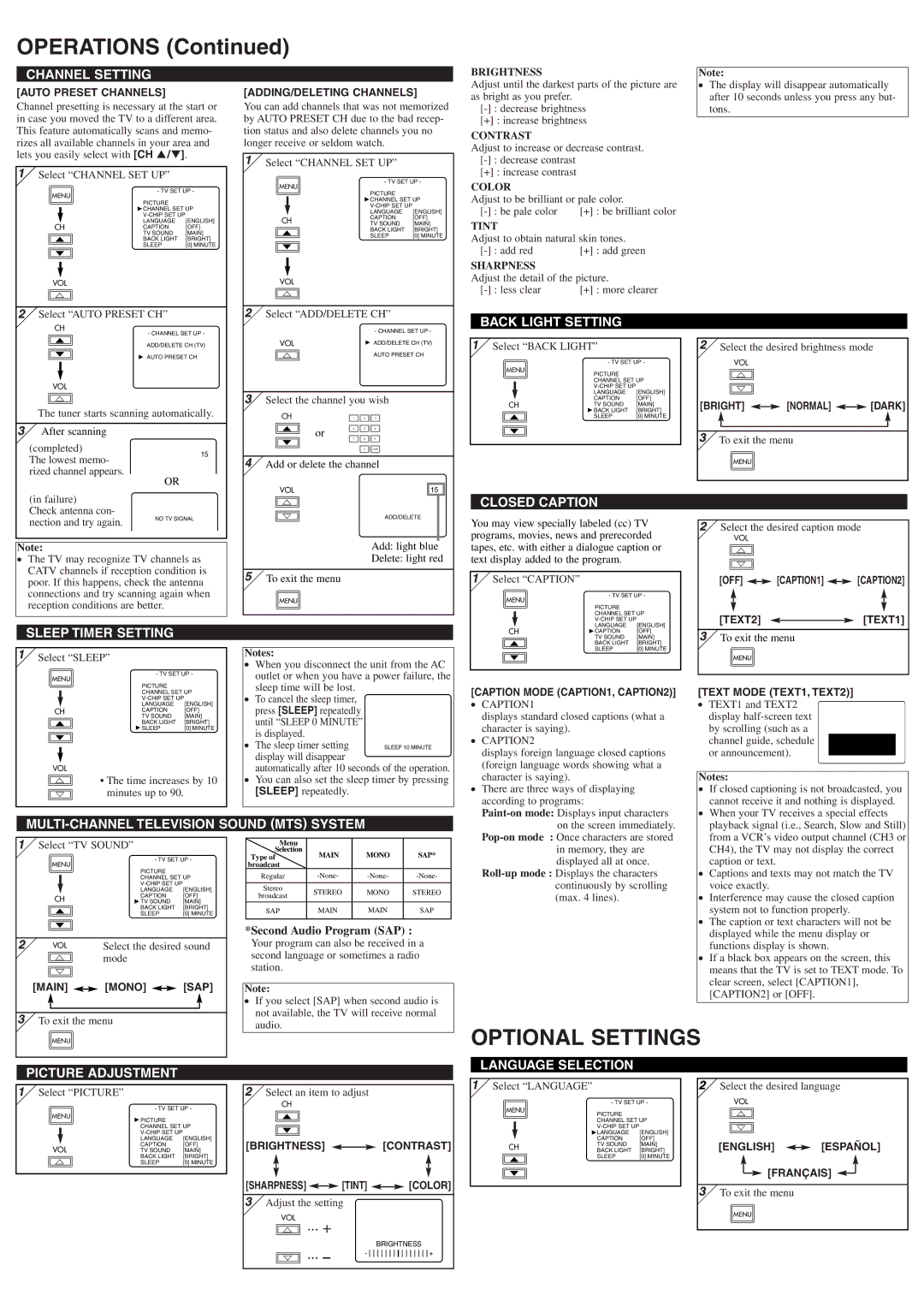 FUNAI CWF20L6 owner manual Operations, Optional Settings 