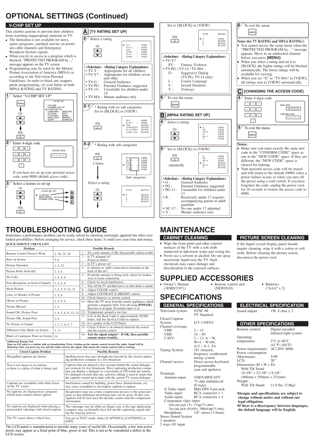 FUNAI CWF20L6 owner manual Optional Settings, Troubleshooting Guide, Maintenance, Supplied Accessories, Specifications 