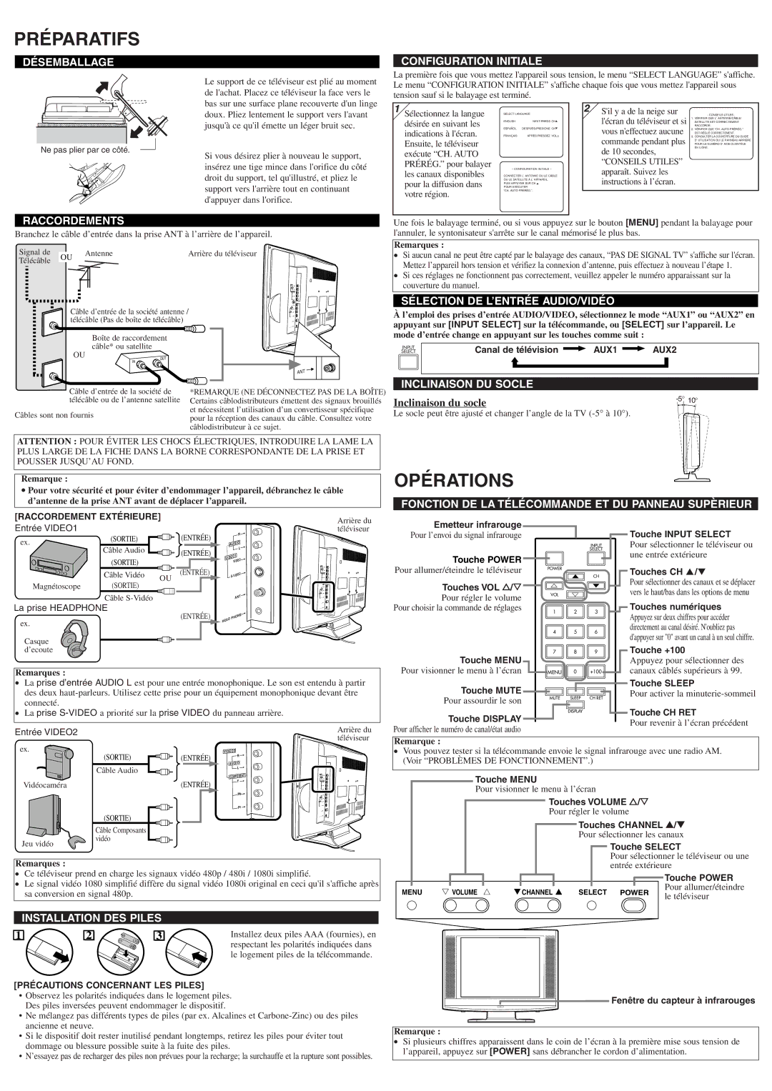 FUNAI CWF20L6 owner manual Préparatifs, Opérations 