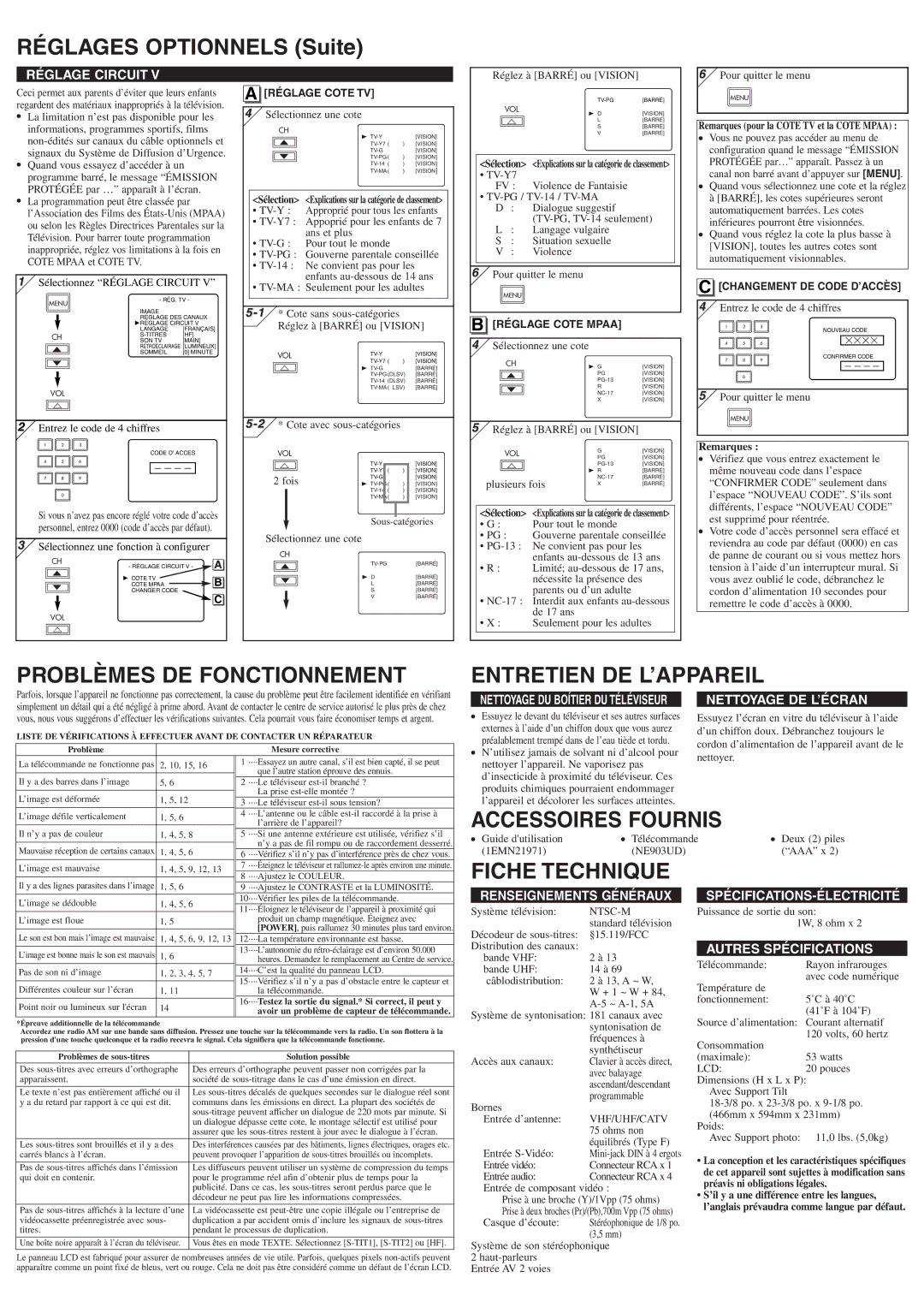 FUNAI CWF20L6 Réglages Optionnels Suite, Problèmes DE Fonctionnement, Entretien DE L’APPAREIL, Accessoires Fournis 