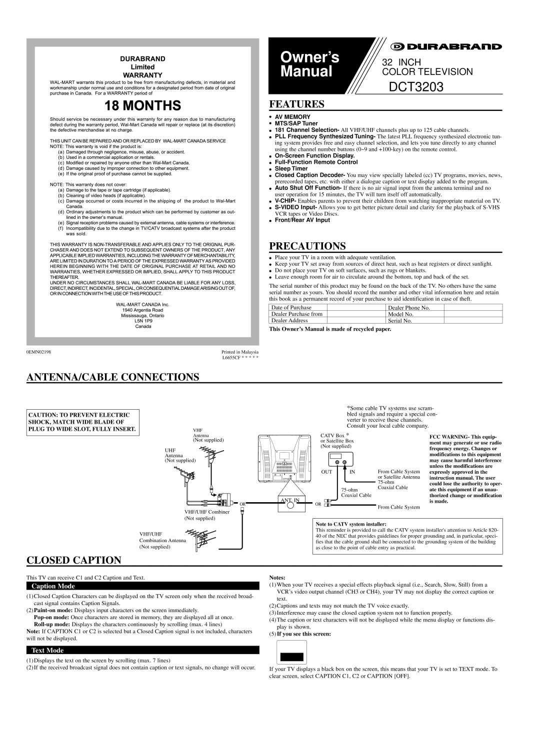 FUNAI DCT3203 owner manual Features, Precautions, ANTENNA/CABLE Connections, Closed Caption 