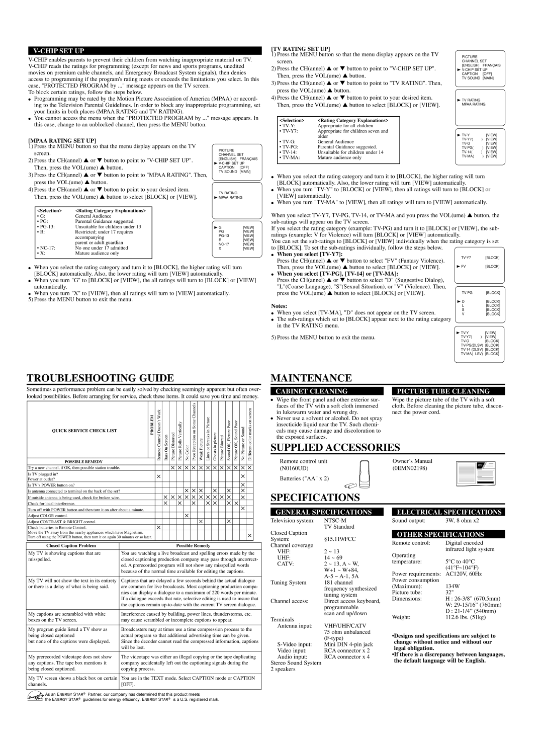 FUNAI DCT3203 owner manual Troubleshooting Guide, Maintenance, Supplied Accessories, Specifications 