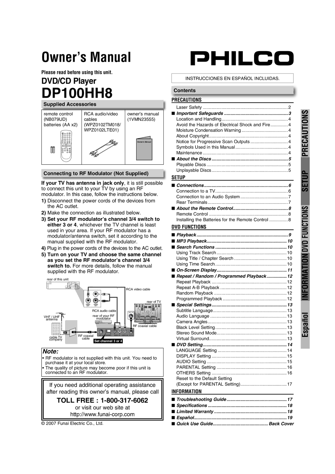 FUNAI DP100HH8 owner manual Please read before using this unit, Supplied Accessories, Contents 