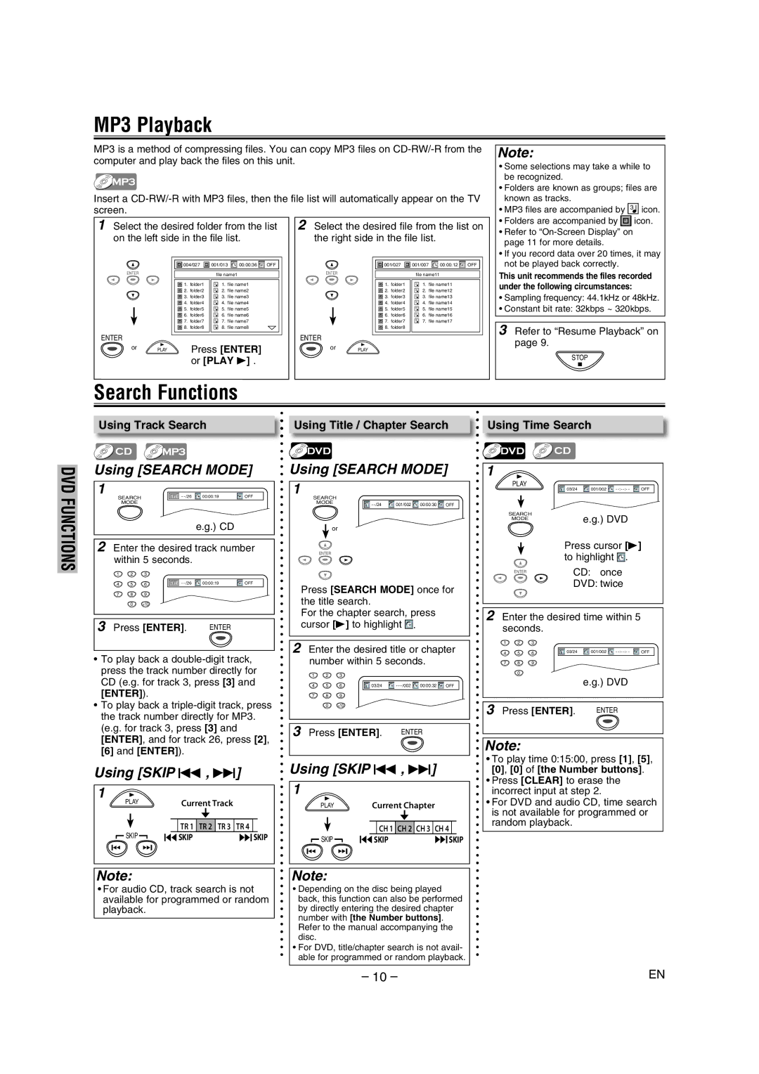 FUNAI DP100HH8 owner manual MP3 Playback, Search Functions, Press Enter, Or Play B 