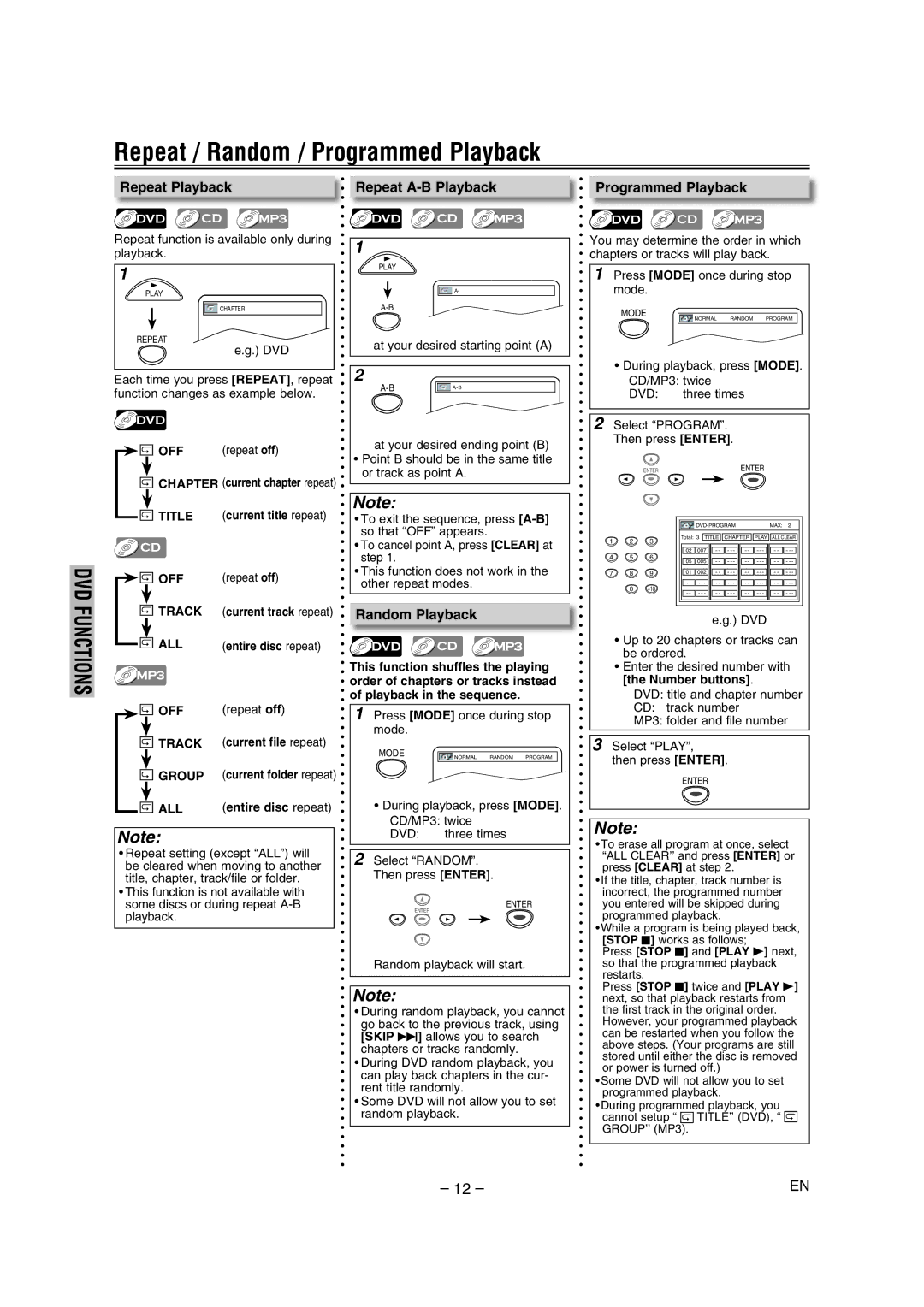 FUNAI DP100HH8 owner manual Repeat / Random / Programmed Playback, Repeat Playback, Repeat A-B Playback, Random Playback 